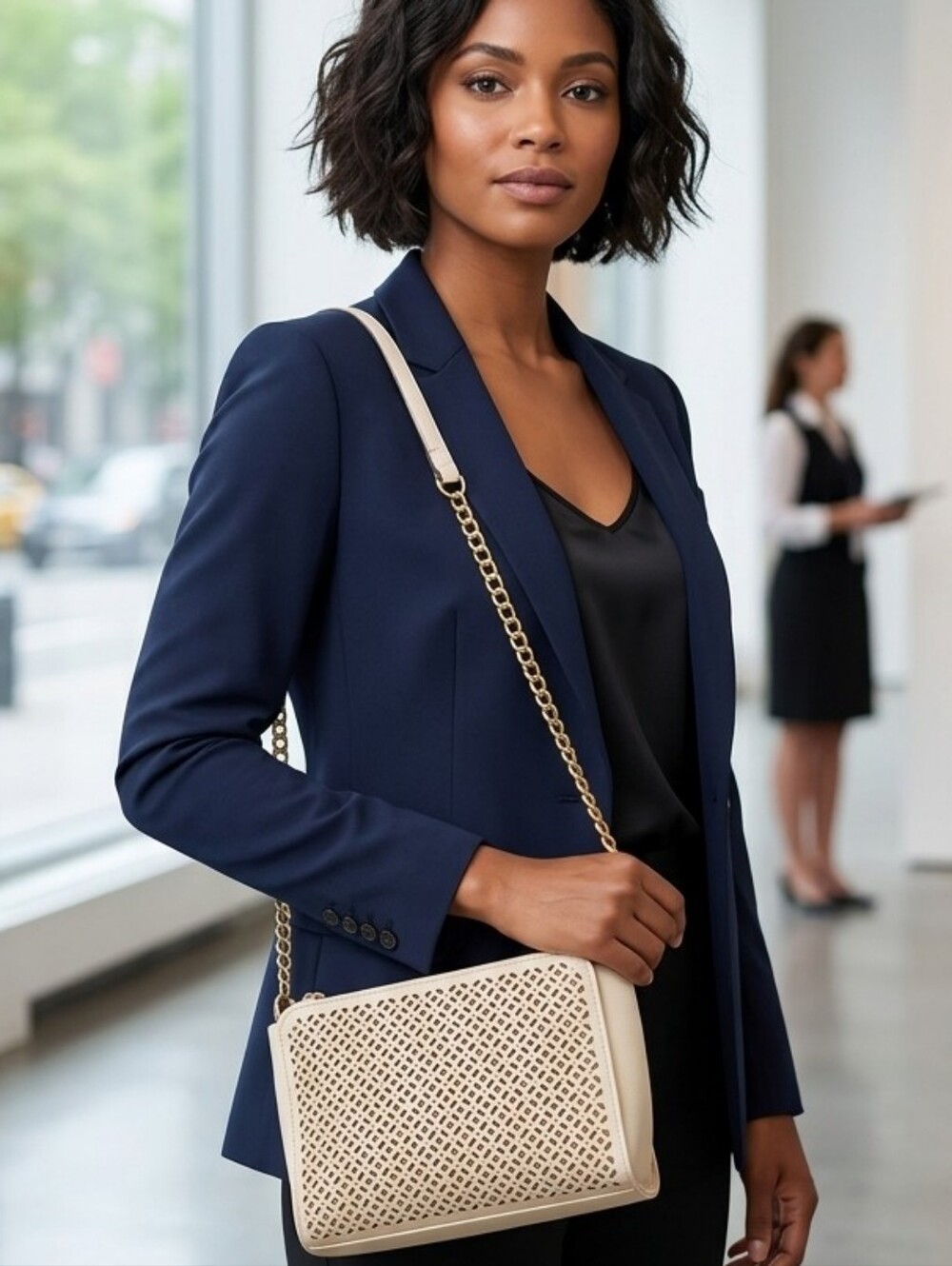 Jessica Simpson Cream Laser-Cut Crossbody with Gold Chain